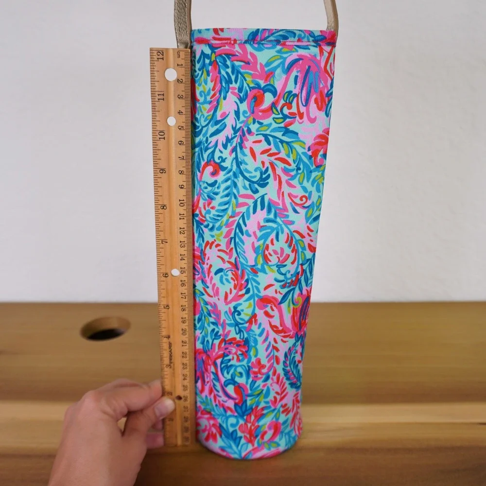 Lilly Pulitzer Wine Tote Women OS Blue Pink Floral Gold Handle Tropical Carrier